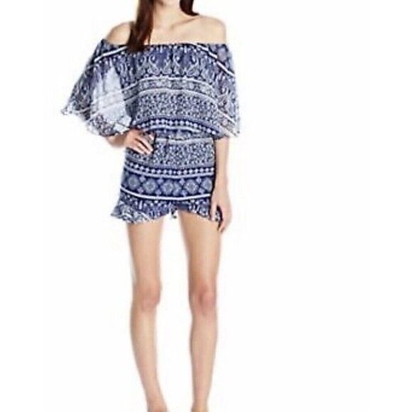 MISA Los Angeles Chiara Blue White Off The Shoulder Romper XS - Picture 1 of 6